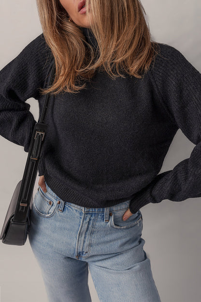 Black Solid Ribbed Knit High Neck Raglan Sleeve Sweater