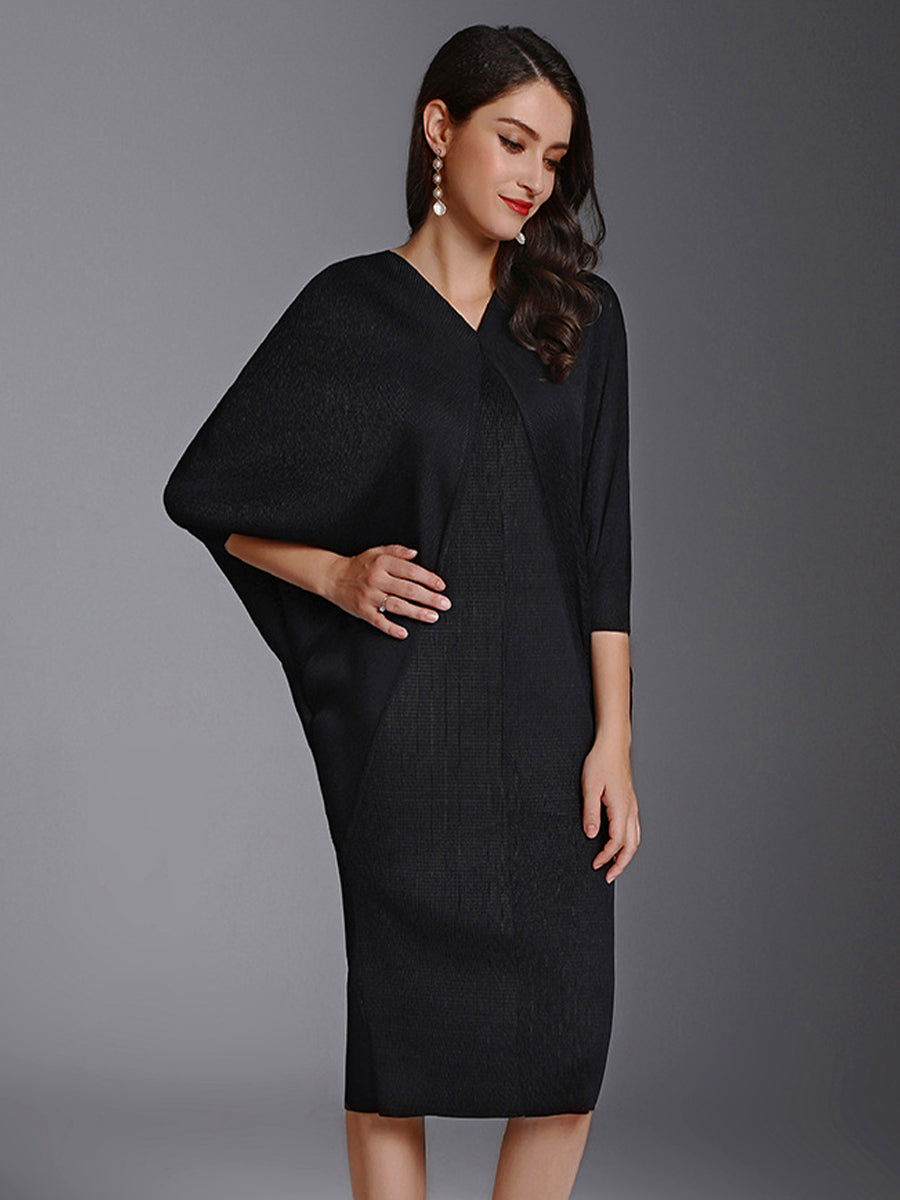Midi Dresses - Fashion Pleated Bat Sleeve Loose Midi Dress - MsDressly