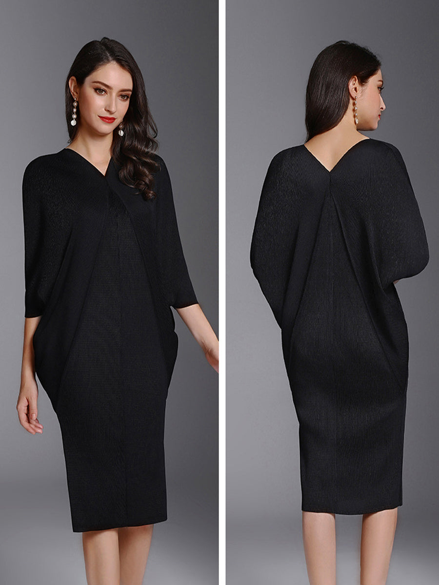 Midi Dresses - Fashion Pleated Bat Sleeve Loose Midi Dress - MsDressly