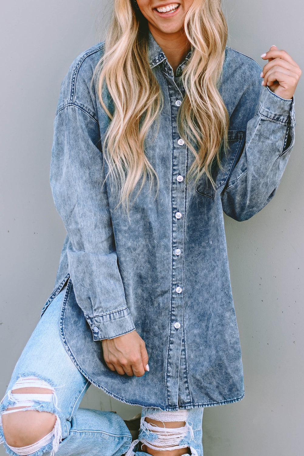 Pocket Short Sleeve Denim Slit Shirt Dress