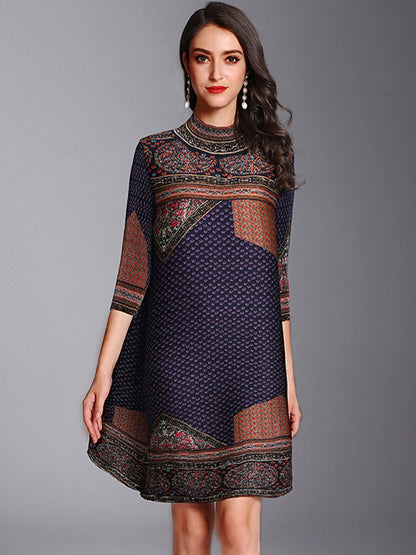 Mini Dresses - Retro High Neck Temperament Pleated Printed Mini Dress - MsDressly