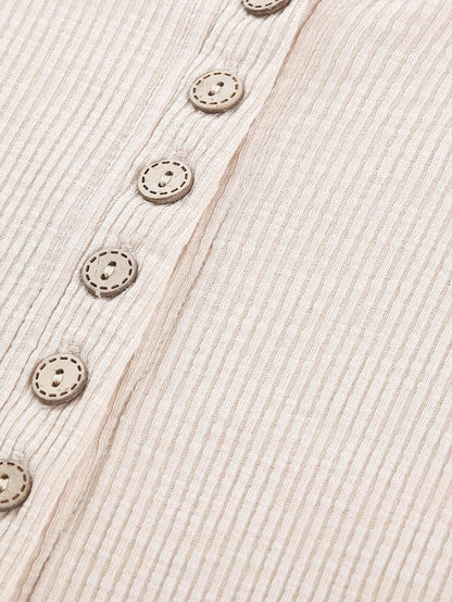 Beige Crochet Lace Sleeve Button Detail Top