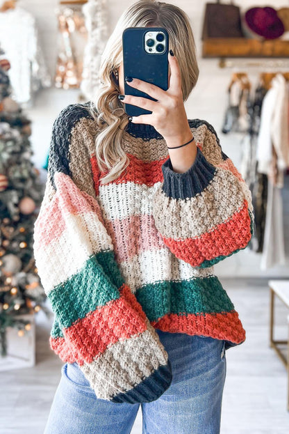 Orange Colorful Striped Knit Oversize Sweater