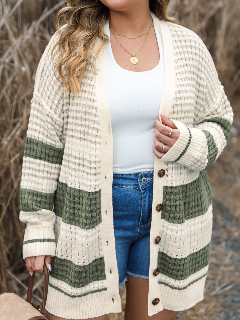 White Plus Size Color Block Cable Knit Buttoned Cardigan