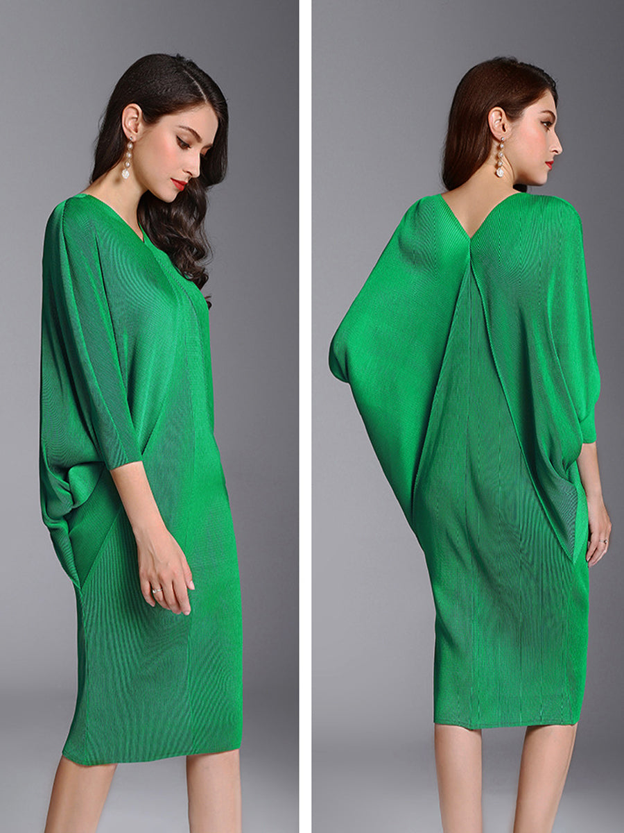 Midi Dresses - Fashion Pleated Bat Sleeve Loose Midi Dress - MsDressly