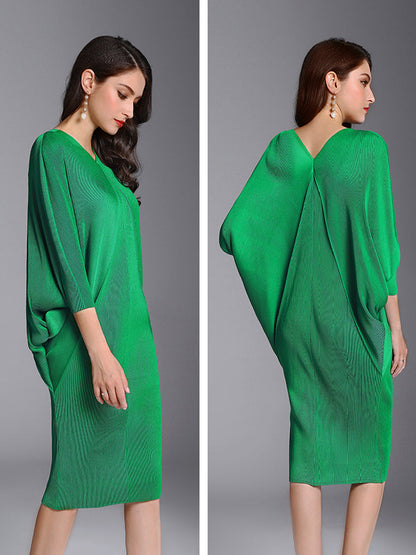 Midi Dresses - Fashion Pleated Bat Sleeve Loose Midi Dress - MsDressly