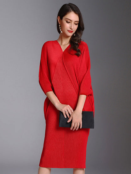 Midi Dresses - Fashion Pleated Bat Sleeve Loose Midi Dress - MsDressly