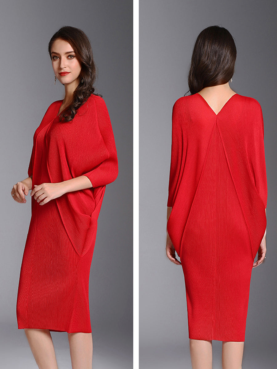 Midi Dresses - Fashion Pleated Bat Sleeve Loose Midi Dress - MsDressly