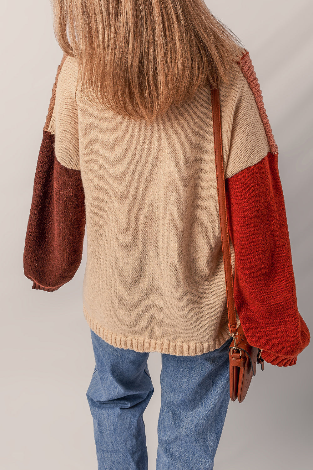 Light French Beige Color Block Mixed Texture Patchwork Button V Neck Sweater Cardigan