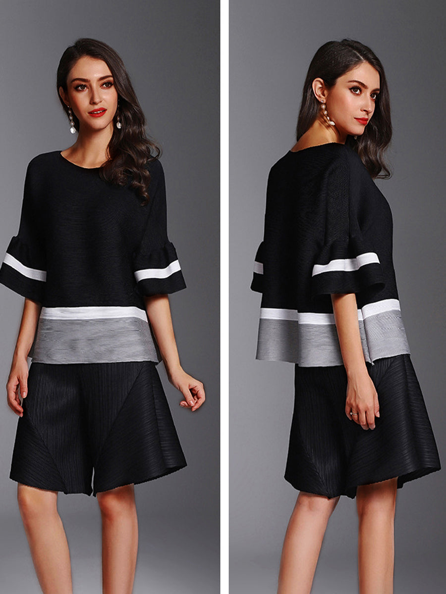 T-Shirts - Fashion Pleated Color Block Round Neck T-Shirt - MsDressly