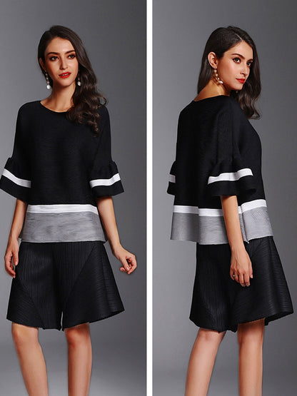 T-Shirts - Fashion Pleated Color Block Round Neck T-Shirt - MsDressly