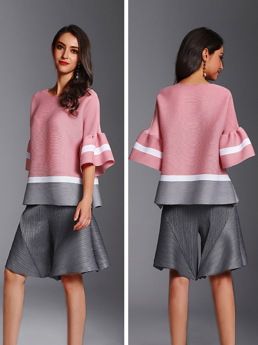 T-Shirts - Fashion Pleated Color Block Round Neck T-Shirt - MsDressly