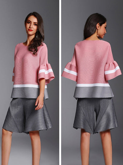 T-Shirts - Fashion Pleated Color Block Round Neck T-Shirt - MsDressly