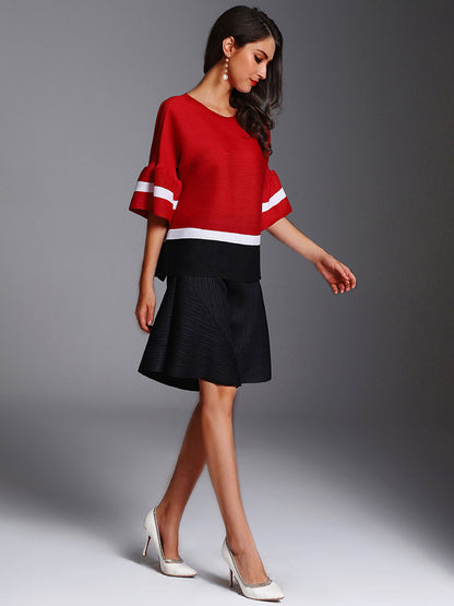 T-Shirts - Fashion Pleated Color Block Round Neck T-Shirt - MsDressly
