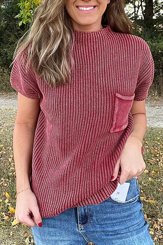 Red Dahlia Mineral Wash Ribbed Knit Patched Pocket Short Sleeve Loose Sweater