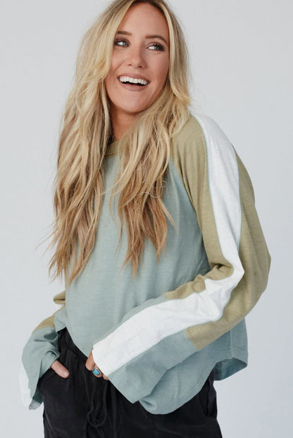 Moonlight Jade Color Block Stitched Raglan Sleeve Loose Top
