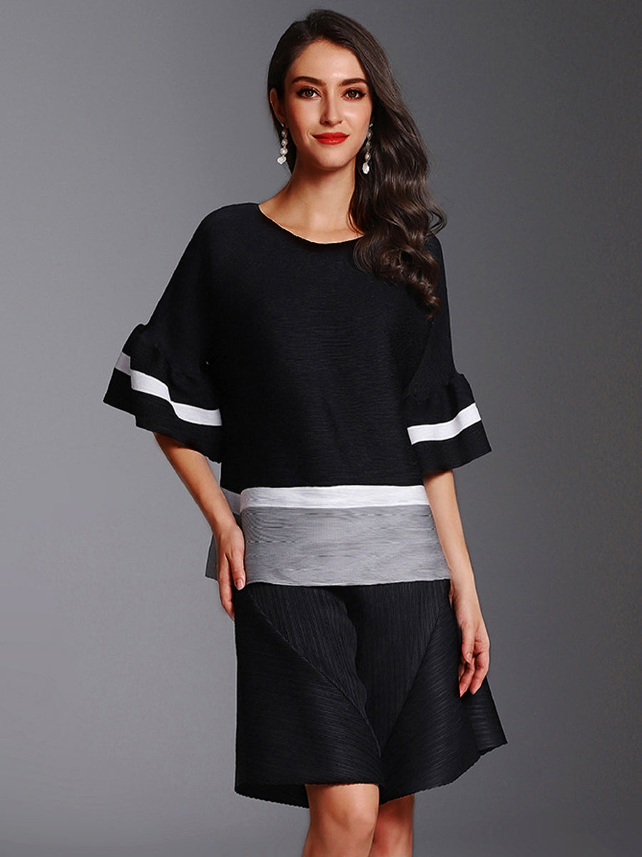 T-Shirts - Fashion Pleated Color Block Round Neck T-Shirt - MsDressly
