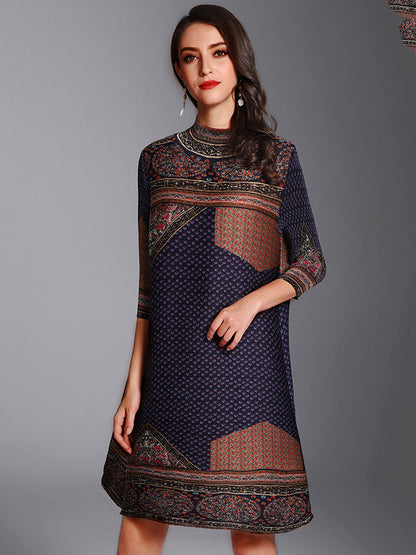 Mini Dresses - Retro High Neck Temperament Pleated Printed Mini Dress - MsDressly