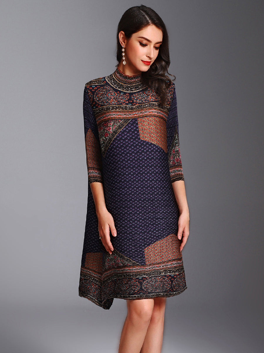 Mini Dresses - Retro High Neck Temperament Pleated Printed Mini Dress - MsDressly