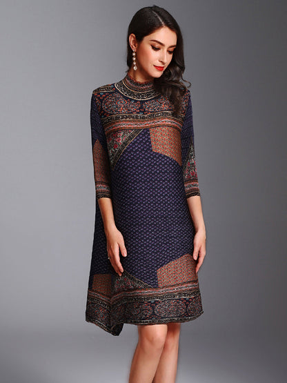 Mini Dresses - Retro High Neck Temperament Pleated Printed Mini Dress - MsDressly