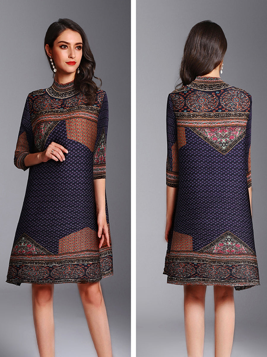 Mini Dresses - Retro High Neck Temperament Pleated Printed Mini Dress - MsDressly