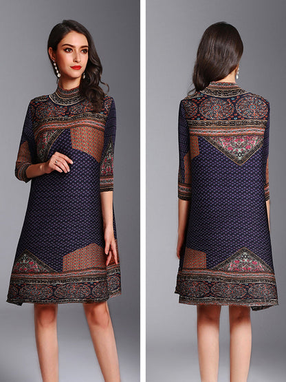 Mini Dresses - Retro High Neck Temperament Pleated Printed Mini Dress - MsDressly