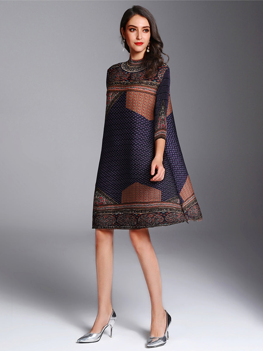 Mini Dresses - Retro High Neck Temperament Pleated Printed Mini Dress - MsDressly