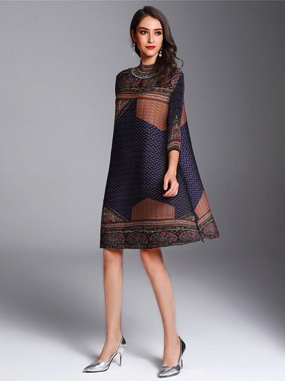 Mini Dresses - Retro High Neck Temperament Pleated Printed Mini Dress - MsDressly