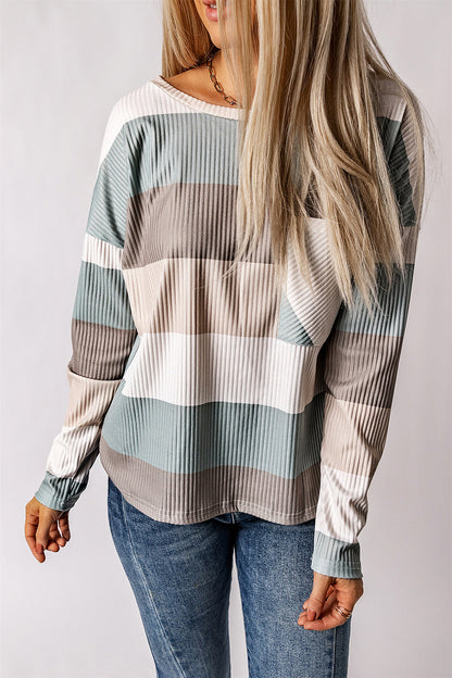 Green Striped Ribbed Long Sleeve Top with Chest Pocket