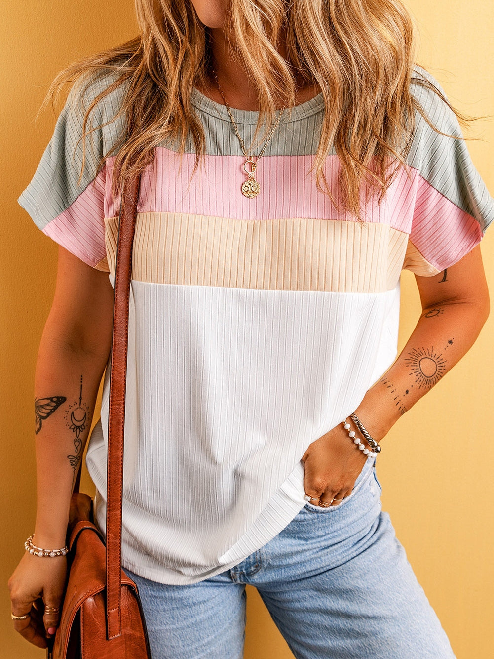 Trendy White Colorblock Patchwork Batwing Sleeve Ribbed Plus T-Shirt