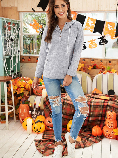 Heathered Pocketed Casual Hooded Pullover