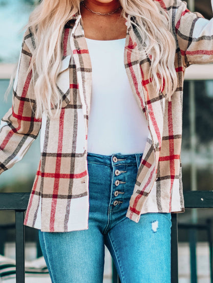 Khaki Plaid Print Sheath Button-Up Coat with Pockets