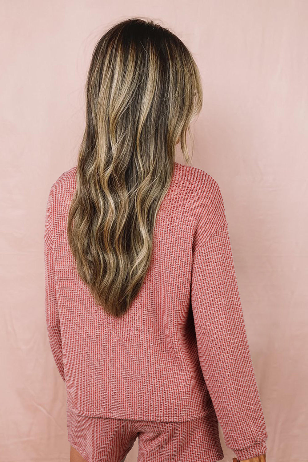 Mineral Red Textured Loose Pullover Top and Casual Short Two-piece Lounge Set