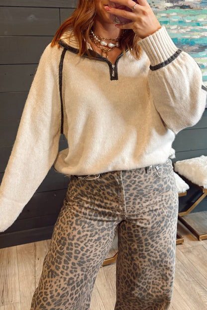 White Contrast Trim Ribbed Detail Quarter Zip Baggy Sweater