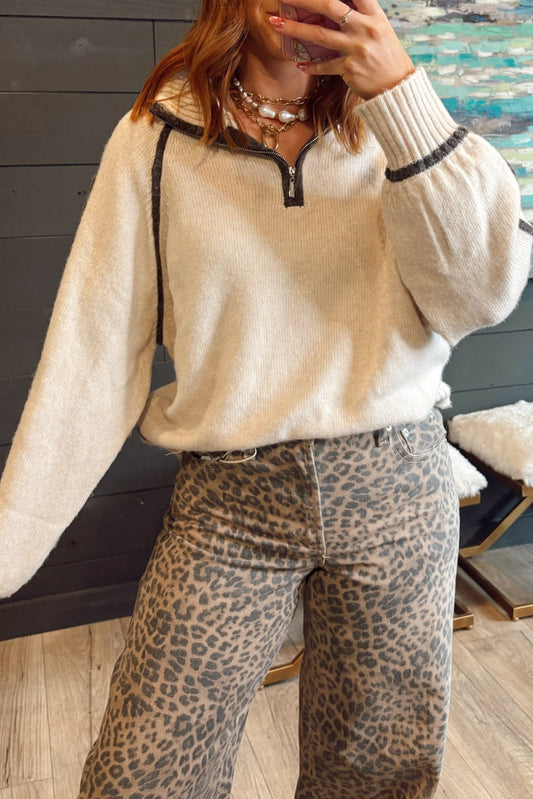 White Contrast Trim Ribbed Detail Quarter Zip Baggy Sweater