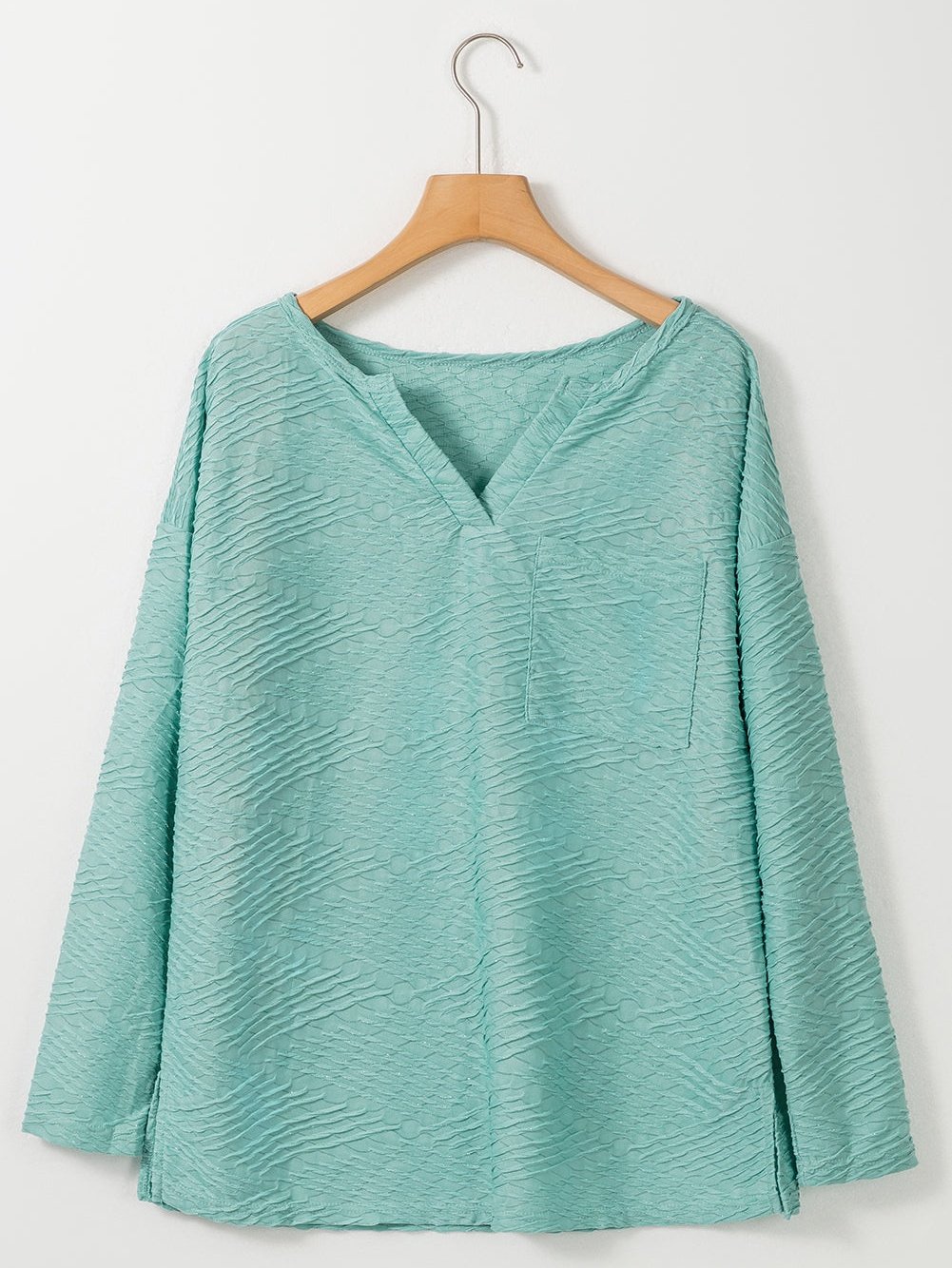 Green Textured V-Neck Casual Long Sleeve Blouse
