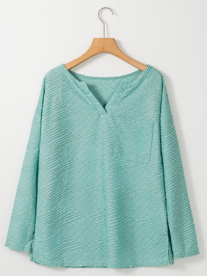 Green Textured V-Neck Casual Long Sleeve Blouse