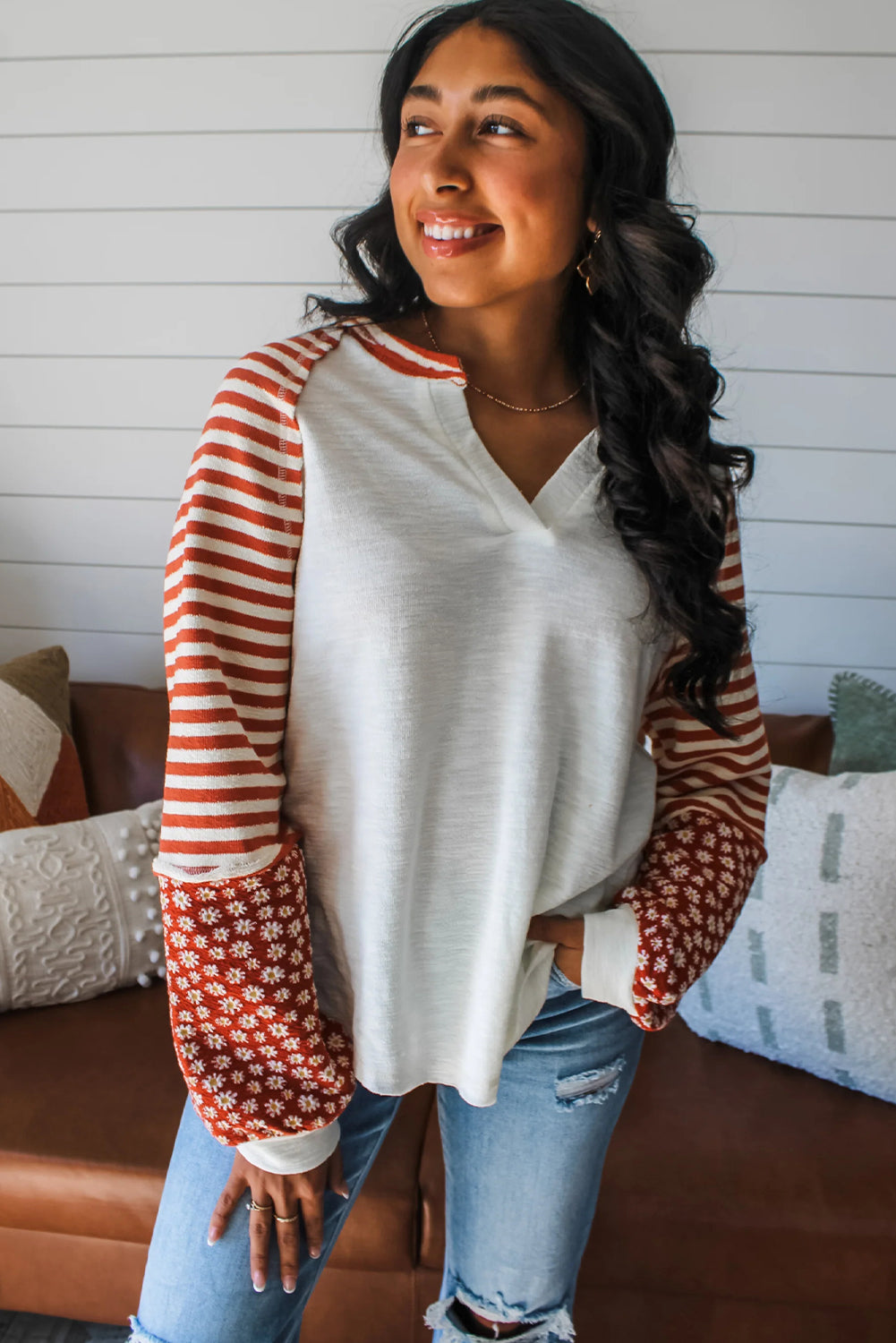 White Color Block Patchwork Striped Floral Long Sleeve Top