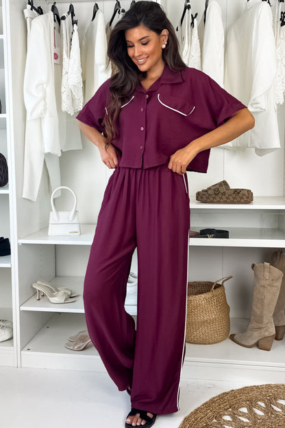 Grape Wine Contrast Piping Cropped Short Sleeve Shirt and Loose High Waist Pants 2pcs Pajama Set
