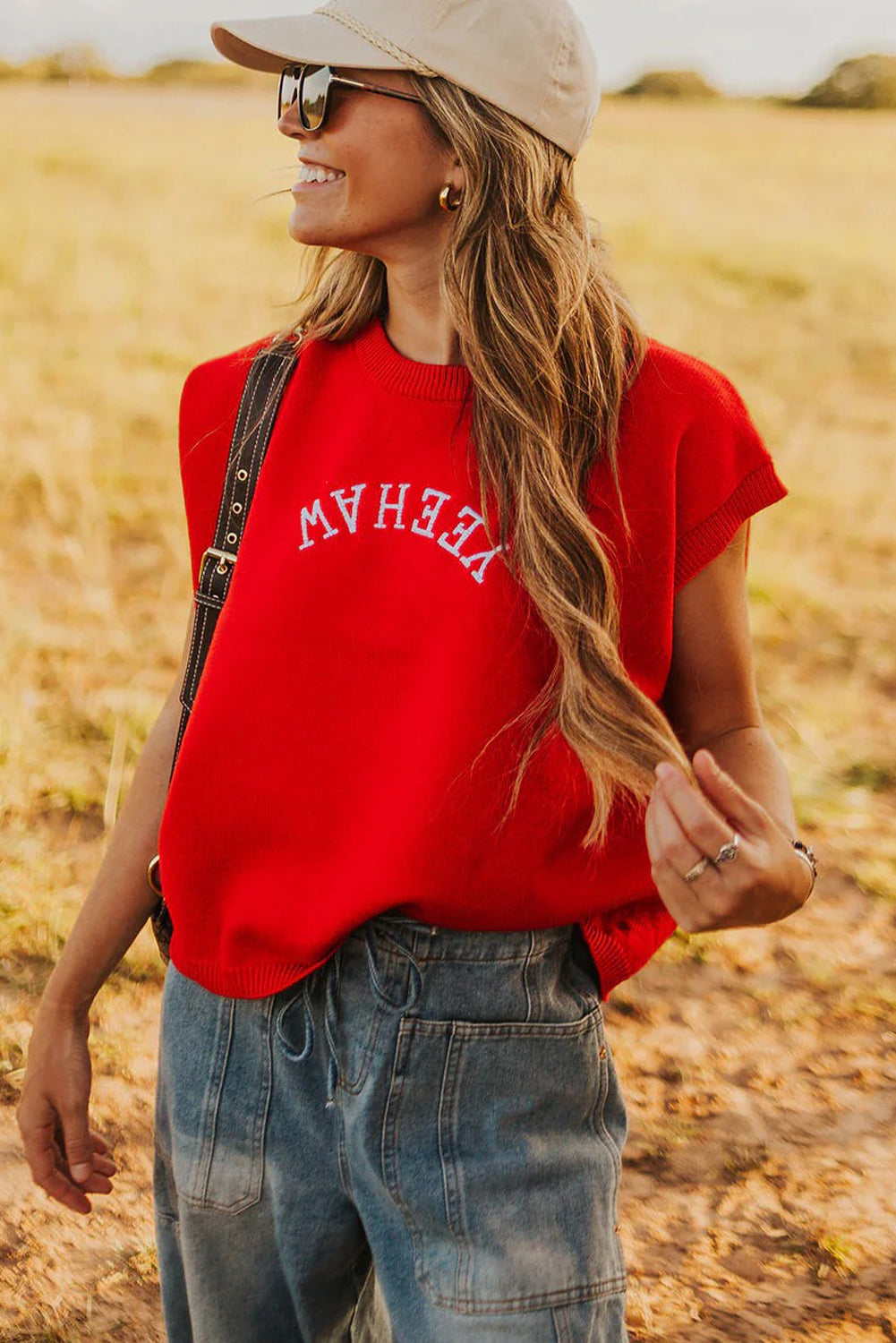 Fiery Red YEEHAW Embroidered Letter Loose Short Sleeve Sweater