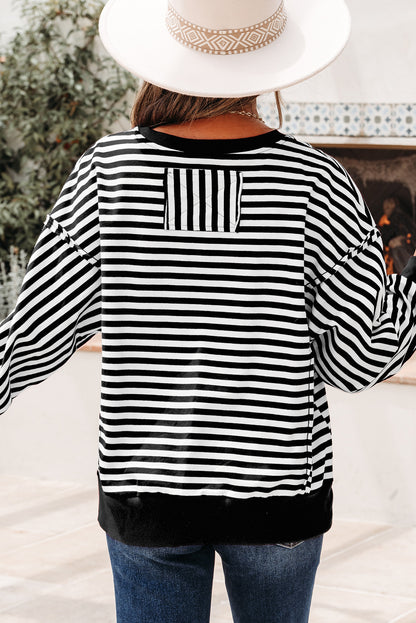 Black Stripe Exposed Seam Drop Shoulder Casual Pullover Top