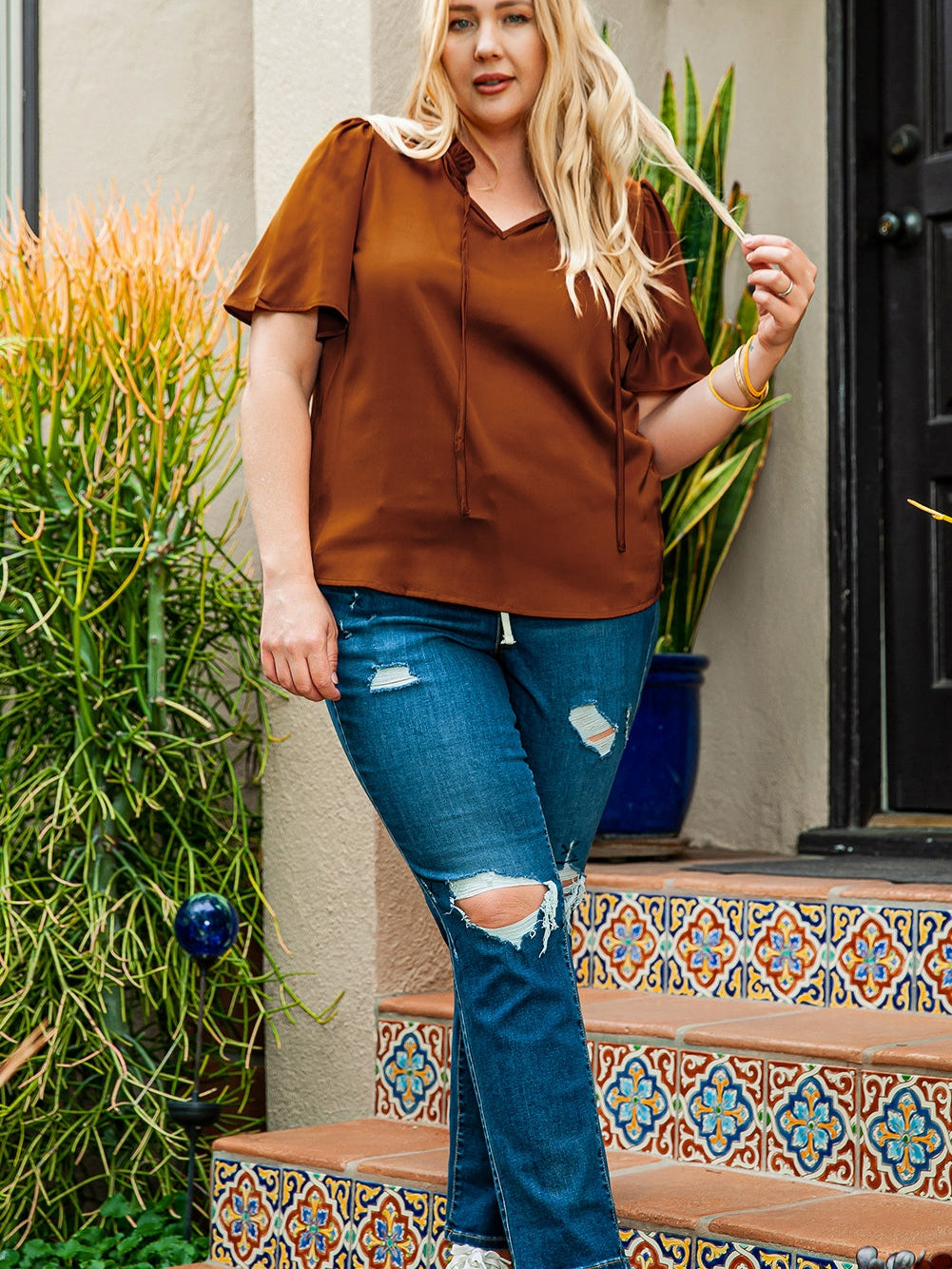 Chestnut Frilled Split Neck Plus Size Satin Blouse