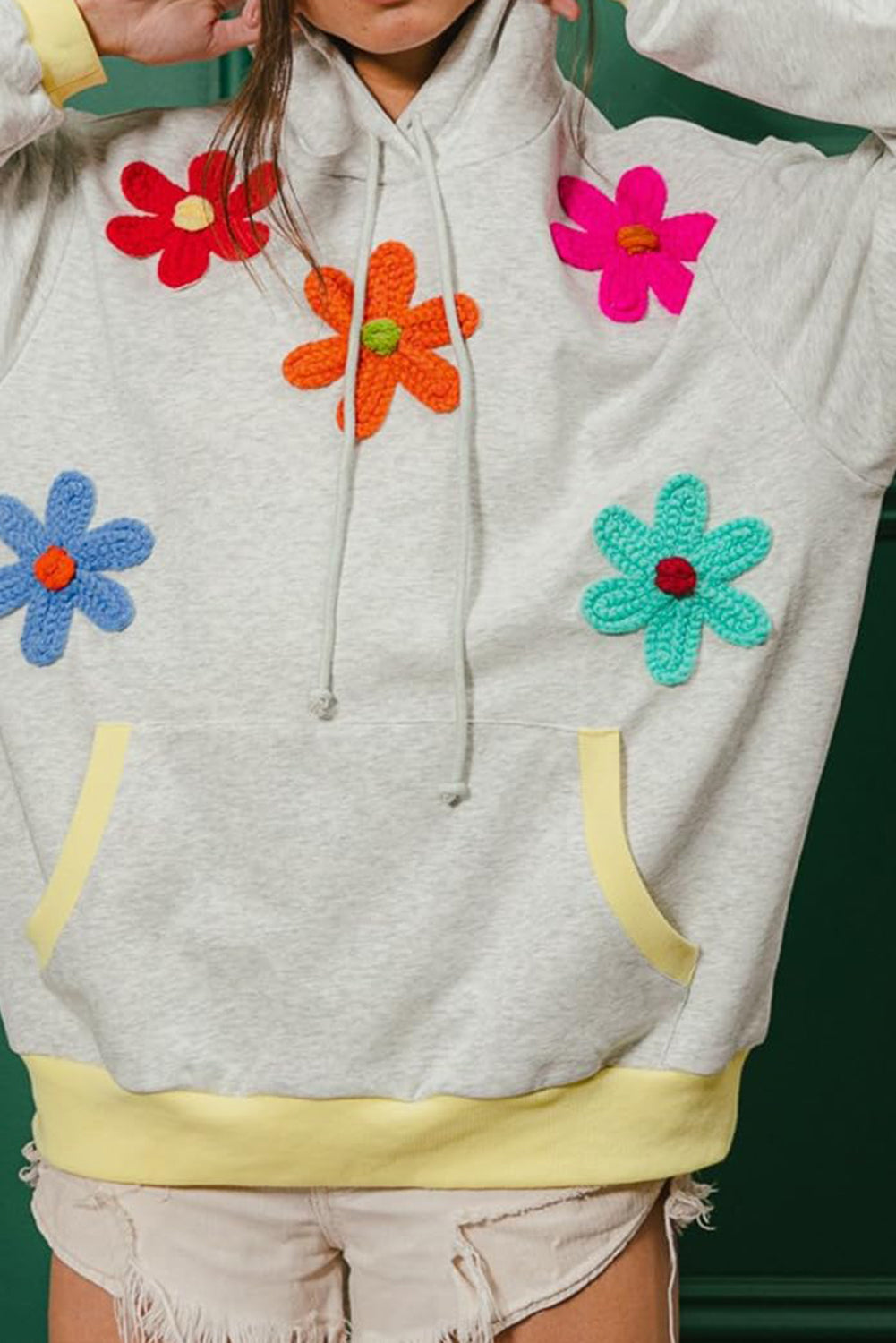 Light Grey Flower Patched Contrast Trim Pullover Hoodie