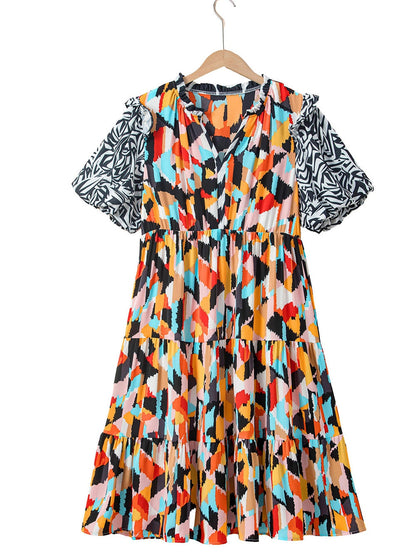 Pink Geometric Print Tiered Shift Dress for Plus Size Fashionistas