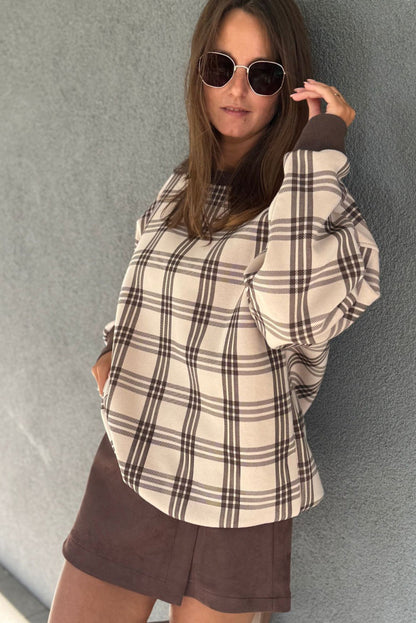 Parchment Plaid Loose Pullover Sweatshirt