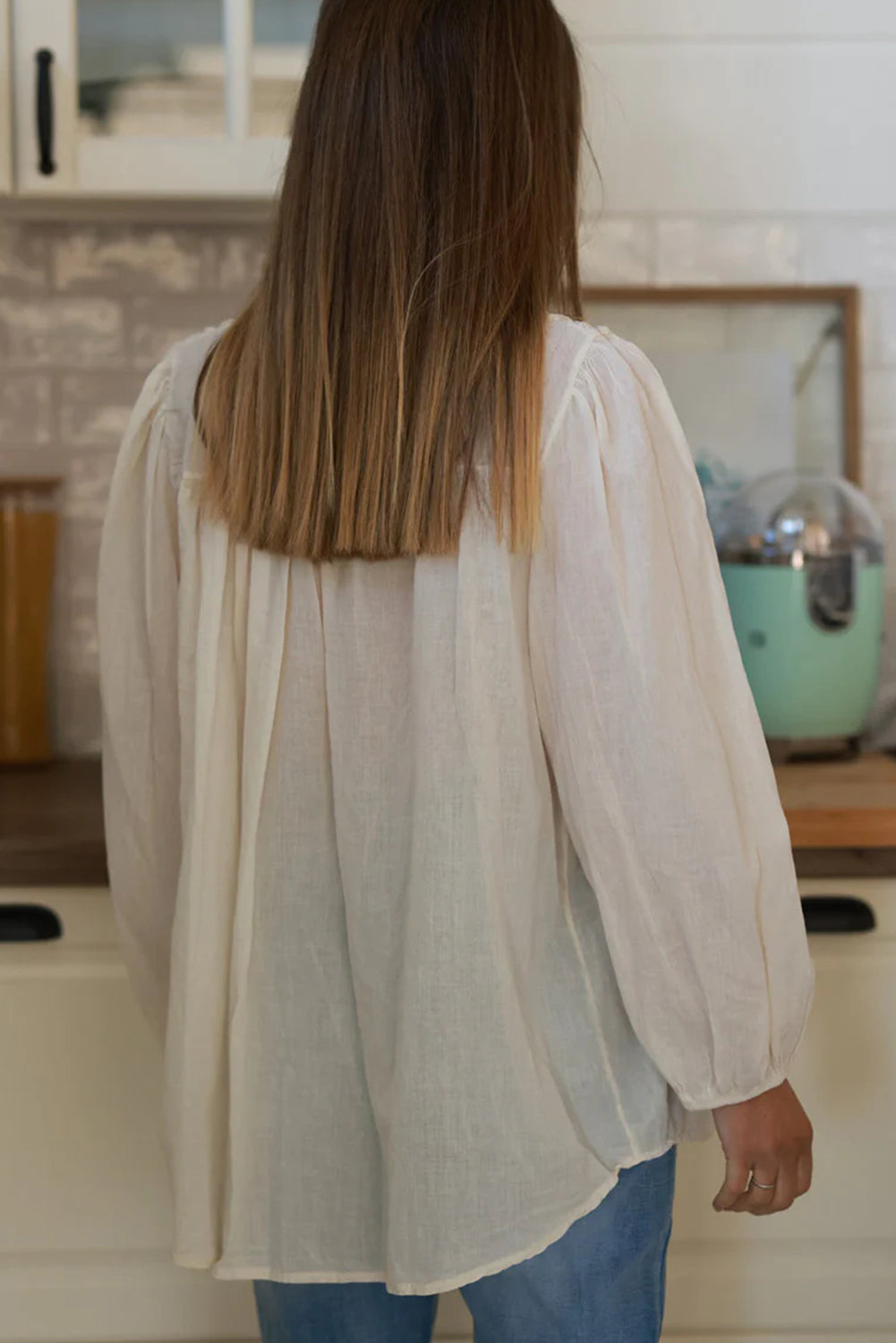 Beige Smocked Chest Elastic Cuffs Loose Sleeve Floaty Blouse