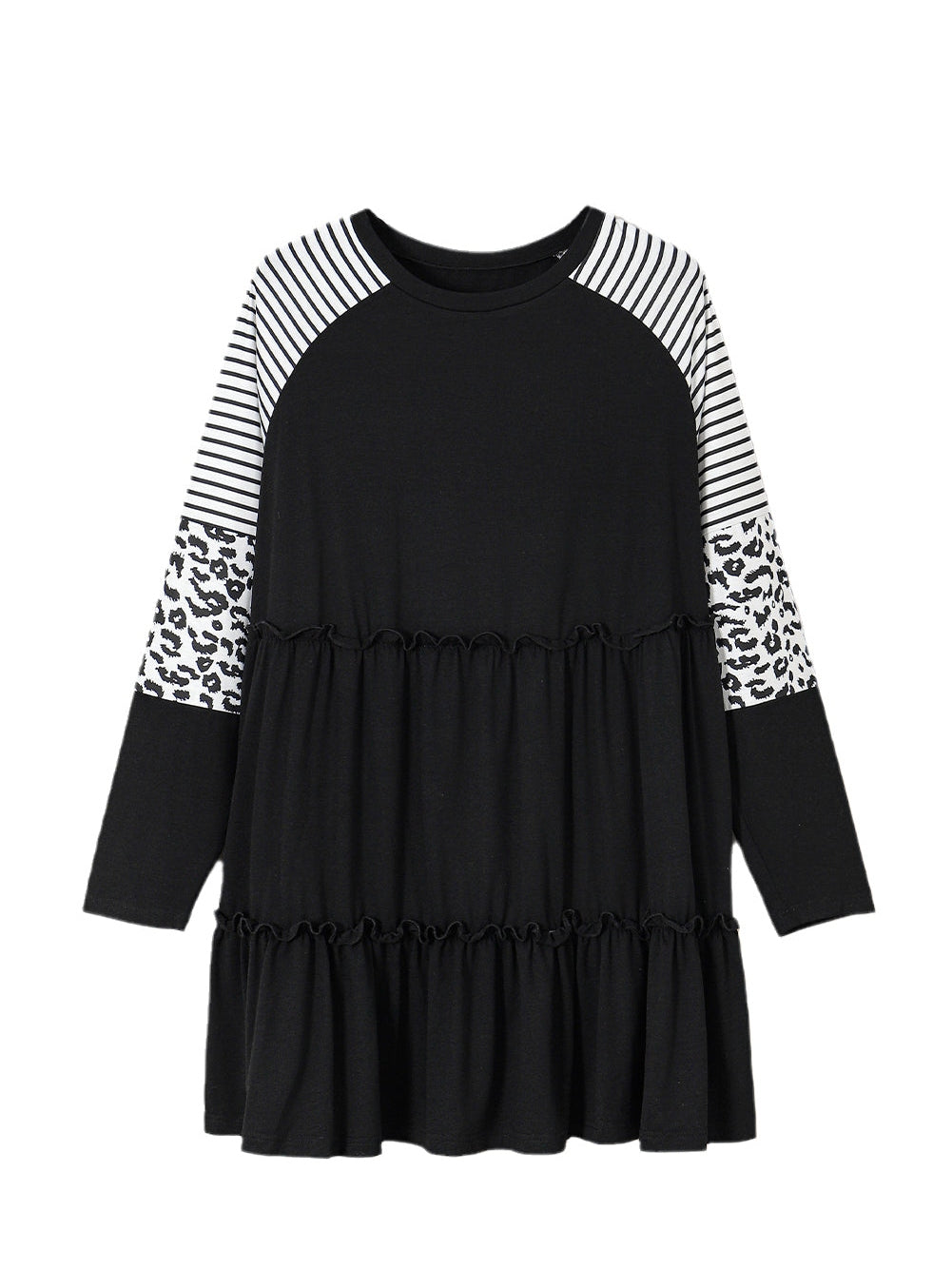 Black Plus Size Striped Leopard Patch Sleeve Ruffle Tiered Dress