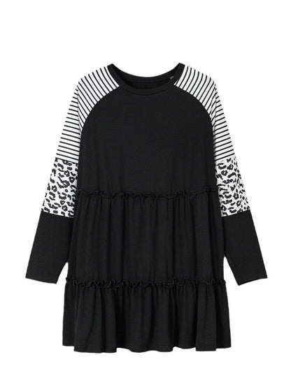 Black Plus Size Striped Leopard Patch Sleeve Ruffle Tiered Dress