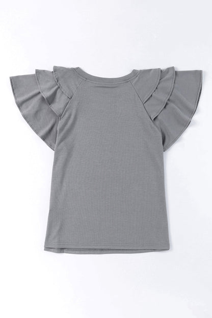 Gray Ruffle Sleeve Casual T-Shirt with Tiered Design