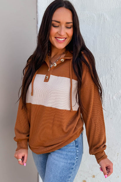 Chestnut Color Block Ribbed Knit Button Neck Drop Shoulder Hoodie